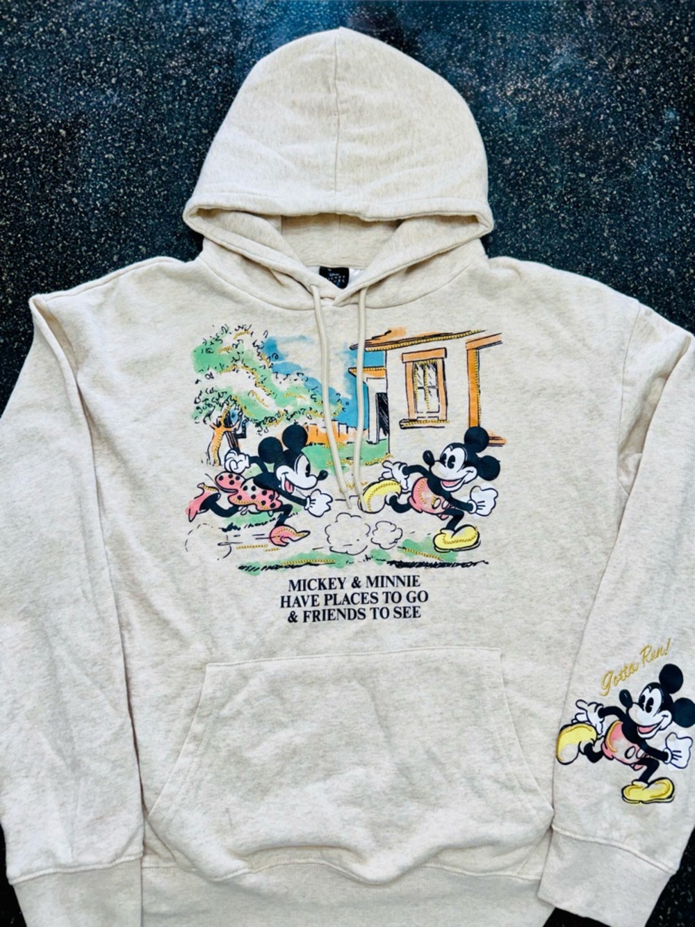 Disney Beige Cream Mickey Mouse Graphic Hoodie with Multicolor Print